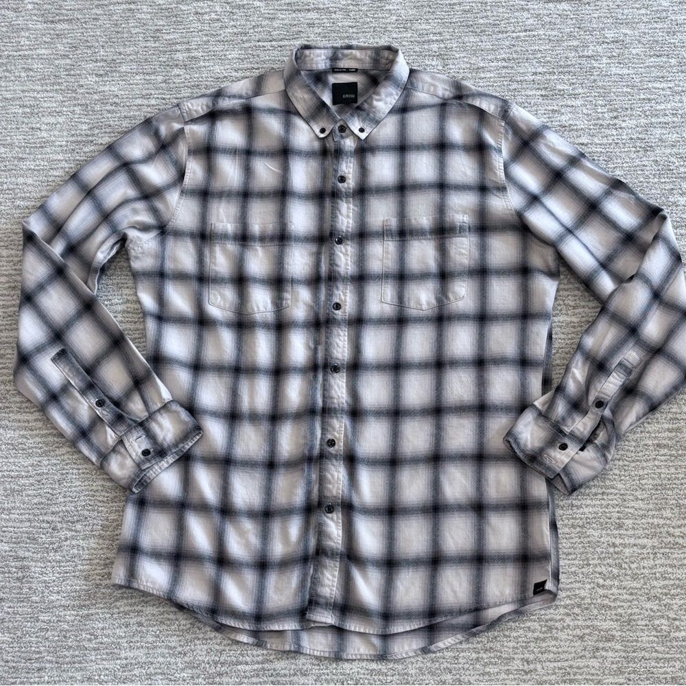 KR3W Plaid Grid Long Sleeve Button Down Shirt Mens Size XL Cotton Black & Beige - Picture 9 of 9